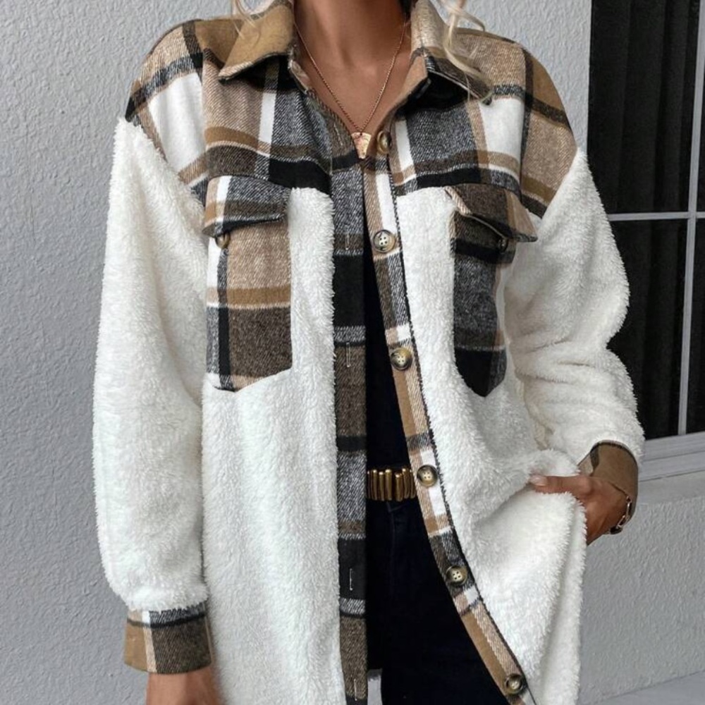New plaid print button down Teddy jacket - Picture 7 of 7